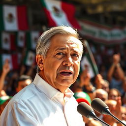 A vibrant political portrait of Andrés Manuel López Obrador (AMLO), the President of Mexico, depicted in a dynamic setting