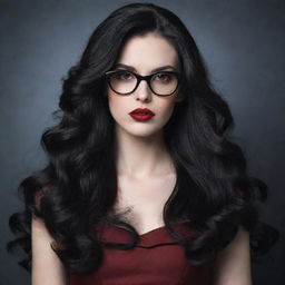 Create an image of a pale vampire young lady with long, wavy, black hair. She has alluring red lips, wears black square glasses, and is dressed in a elegant wine-colored dress.