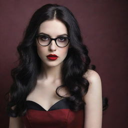 Create an image of a pale vampire young lady with long, wavy, black hair. She has alluring red lips, wears black square glasses, and is dressed in a elegant wine-colored dress.