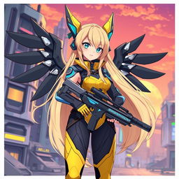 A stylized portrayal of Exusiai from the game Arknights, featuring her iconic long blonde hair and distinctive outfit