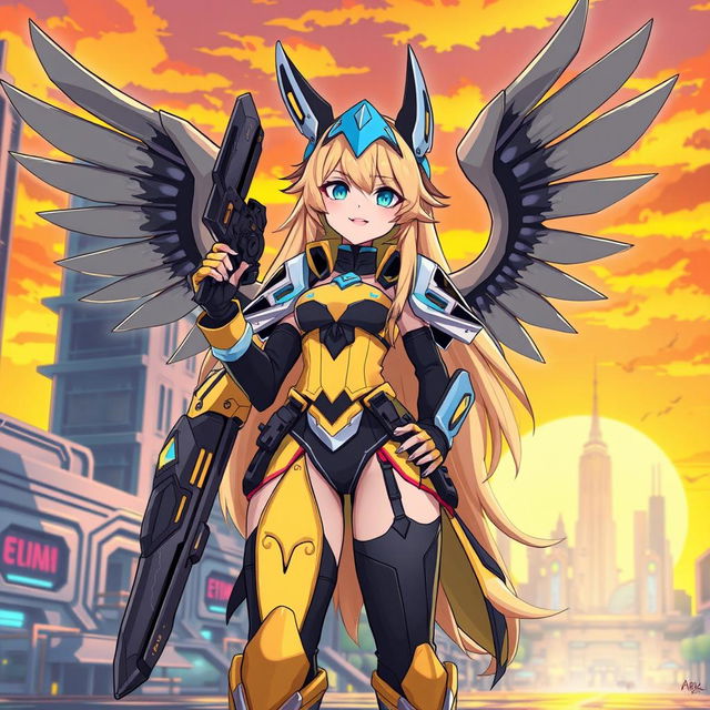 A stylized portrayal of Exusiai from the game Arknights, featuring her iconic long blonde hair and distinctive outfit