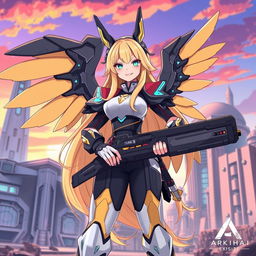 A stylized portrayal of Exusiai from the game Arknights, featuring her iconic long blonde hair and distinctive outfit