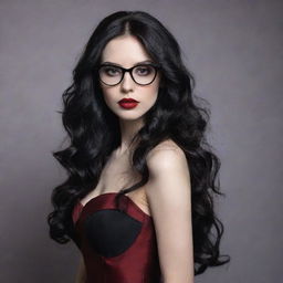 Create an image of a pale vampire young lady with long, wavy, black hair. She has alluring red lips, wears black square glasses, and is dressed in a elegant wine-colored dress.