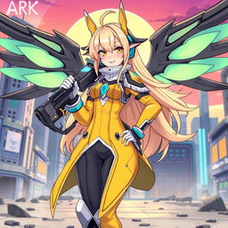 A stylized portrayal of Exusiai from the game Arknights, featuring her iconic long blonde hair and distinctive outfit