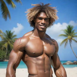 A Coconut personified as an ultra-masculine Giga Chad, with toned muscles, chiseled square jaw, and styled coconut fiber hair, set against a tropical beach background.