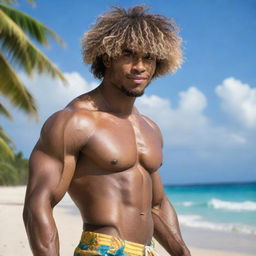 A Coconut personified as an ultra-masculine Giga Chad, with toned muscles, chiseled square jaw, and styled coconut fiber hair, set against a tropical beach background.