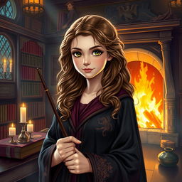 A highly detailed fan art portrait of a young witch inspired by Hermione Granger, featuring her with long, curly brown hair and bright, intelligent eyes