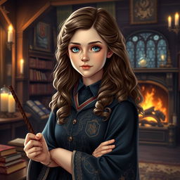 A highly detailed fan art portrait of a young witch inspired by Hermione Granger, featuring her with long, curly brown hair and bright, intelligent eyes