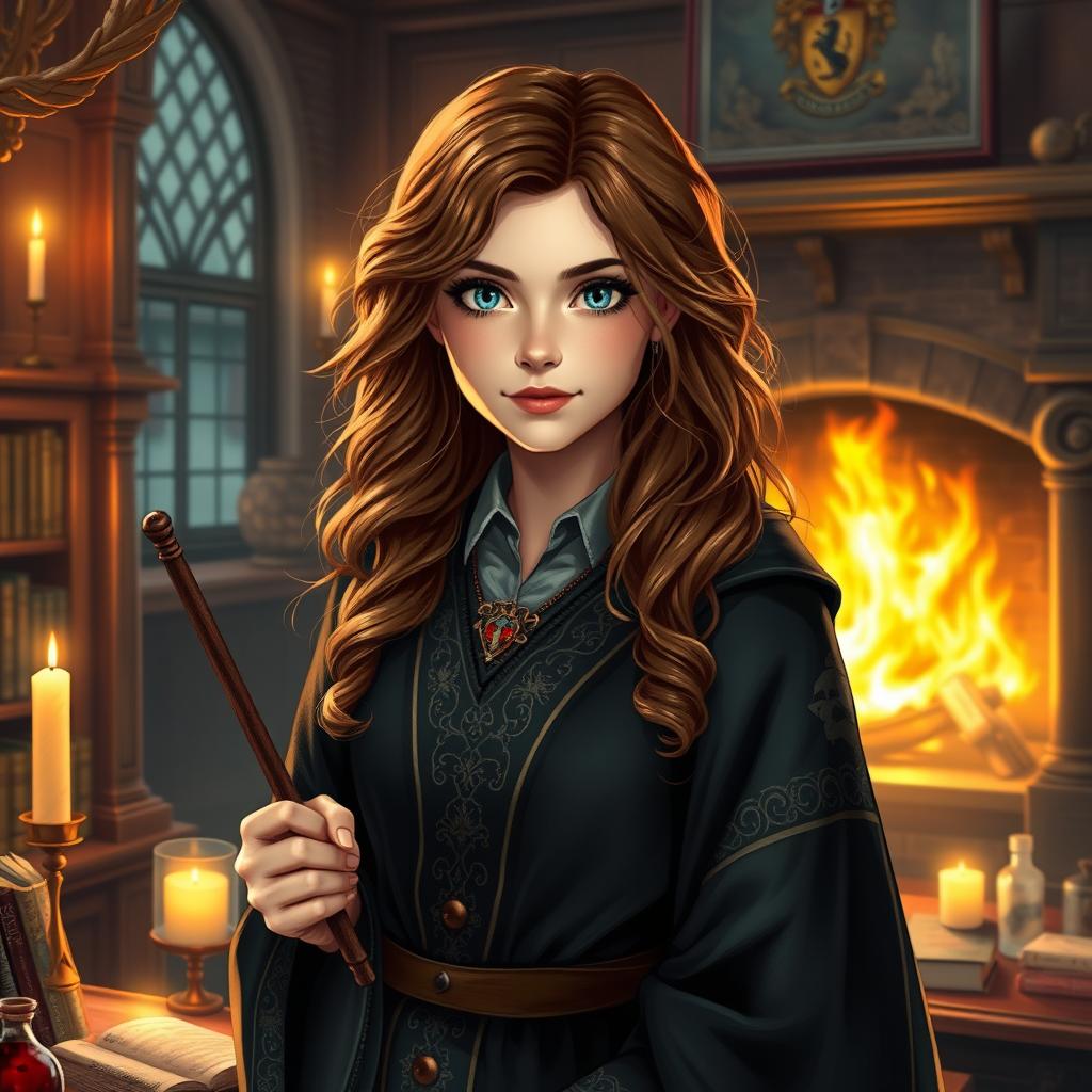 A highly detailed fan art portrait of a young witch inspired by Hermione Granger, featuring her with long, curly brown hair and bright, intelligent eyes