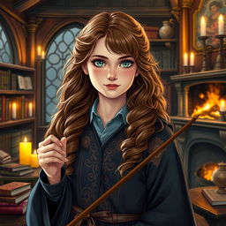 A highly detailed fan art portrait of a young witch inspired by Hermione Granger, featuring her with long, curly brown hair and bright, intelligent eyes