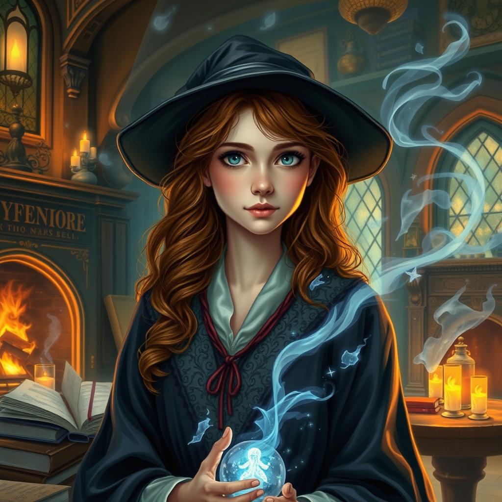 A highly detailed fantasy art portrait of a young witch inspired by Hermione Granger, showcasing her with long, curly brown hair and bright, intelligent eyes, in a whimsical and enchanting setting