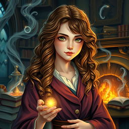 A highly detailed fantasy art portrait of a young witch inspired by Hermione Granger, showcasing her with long, curly brown hair and bright, intelligent eyes, in a whimsical and enchanting setting