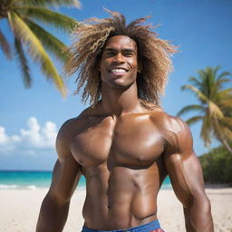 A Coconut personified as an ultra-masculine Giga Chad, with toned muscles, chiseled square jaw, and styled coconut fiber hair, set against a tropical beach background.