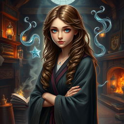 A highly detailed fantasy art portrait of a young witch inspired by Hermione Granger, showcasing her with long, curly brown hair and bright, intelligent eyes, in a whimsical and enchanting setting