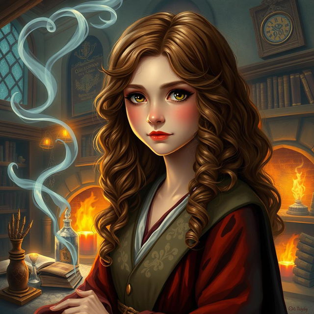 A highly detailed fantasy art portrait of a young witch inspired by Hermione Granger, showcasing her with long, curly brown hair and bright, intelligent eyes, in a whimsical and enchanting setting