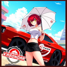 A vibrant anime-style illustration of a striking red muscle car with the Krasnodar logo prominently displayed on the side