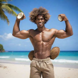 A Coconut personified as an ultra-masculine Giga Chad, with toned muscles, chiseled square jaw, and styled coconut fiber hair, set against a tropical beach background.