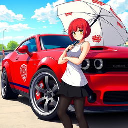 A vibrant anime-style illustration of a striking red muscle car with the Krasnodar logo prominently displayed on the side