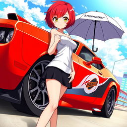 A vibrant anime-style illustration of a striking red muscle car with the Krasnodar logo prominently displayed on the side