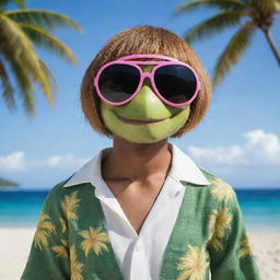 A Personified cool coconut, wearing edgy, stylish goggles, a tropical outfit against a picturesque beach backdrop.