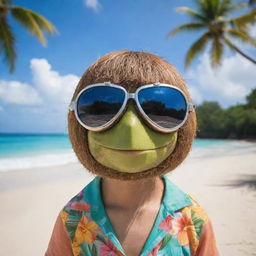 A Personified cool coconut, wearing edgy, stylish goggles, a tropical outfit against a picturesque beach backdrop.