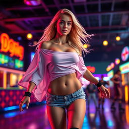 A photorealistic scene of a toned blonde woman wearing an oversized, very short top that flaps in the wind, showcasing her toned stomach