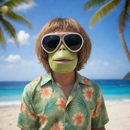 A Personified cool coconut, wearing edgy, stylish goggles, a tropical outfit against a picturesque beach backdrop.