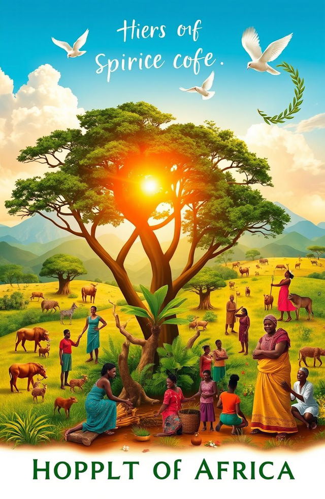 A vibrant and hopeful scene depicting the spirit of Africa, showcasing lush landscapes that include savannahs, mountains, and wildlife, symbolizing the promise of peace and coexistence