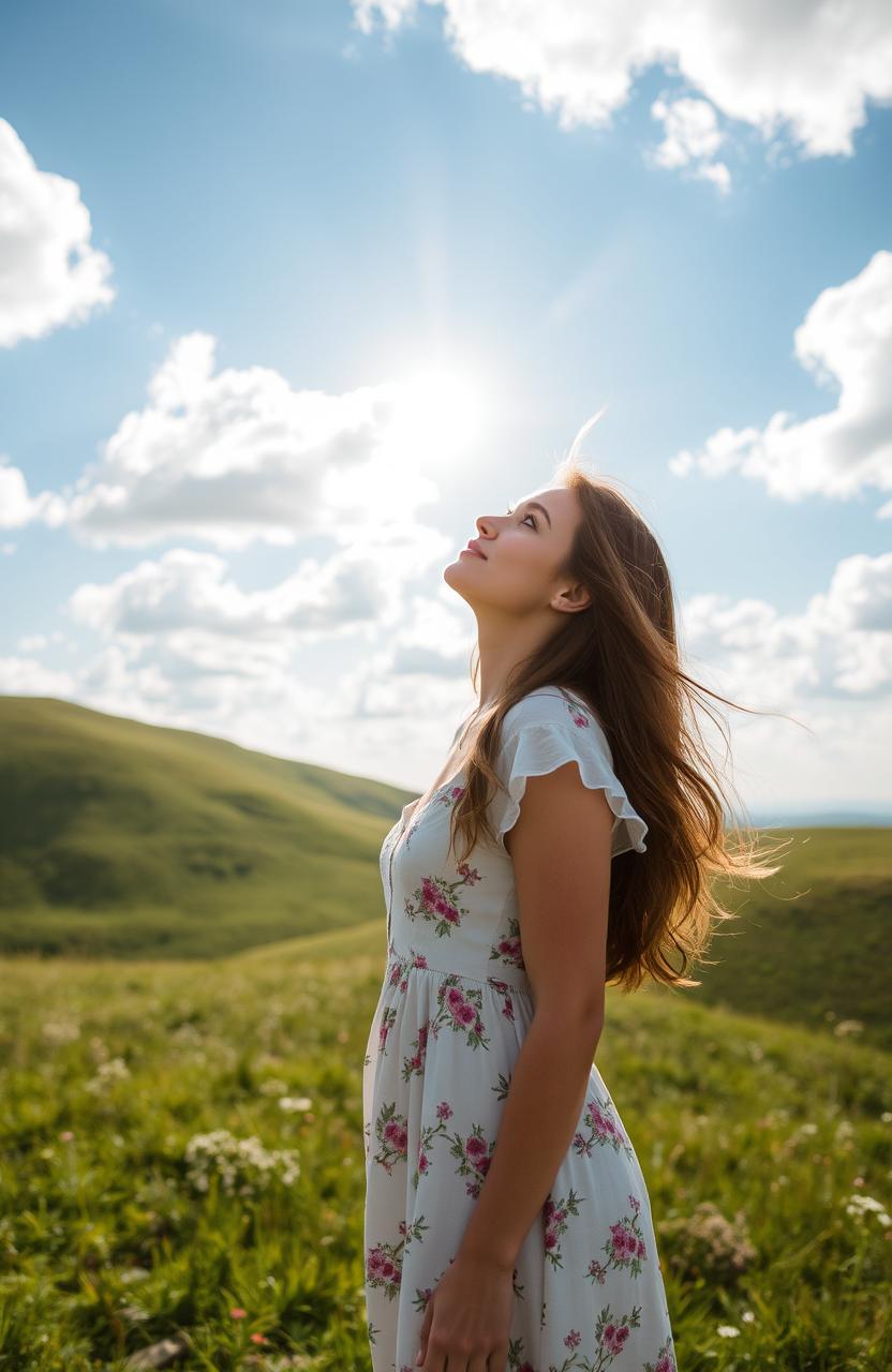 A beautiful woman standing on a grassy hilltop, gazing up at a clear blue sky filled with fluffy white clouds