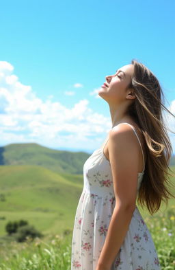 A beautiful woman standing on a grassy hilltop, gazing up at a clear blue sky filled with fluffy white clouds