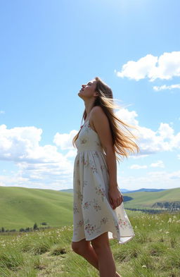 A beautiful woman standing on a grassy hilltop, gazing up at a clear blue sky filled with fluffy white clouds