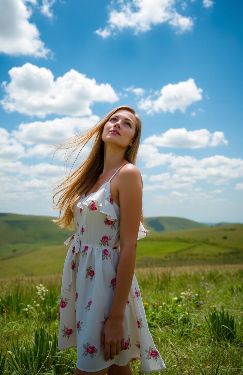 A beautiful woman standing on a grassy hilltop, gazing up at a clear blue sky filled with fluffy white clouds