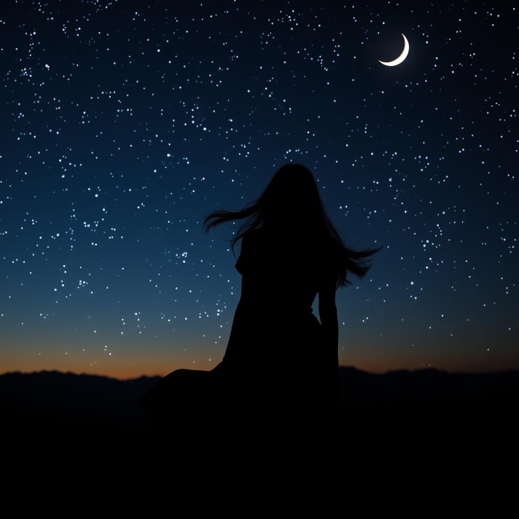 A silhouette of a woman standing on a hilltop at night, gazing up at a starry sky filled with twinkling stars and a bright crescent moon