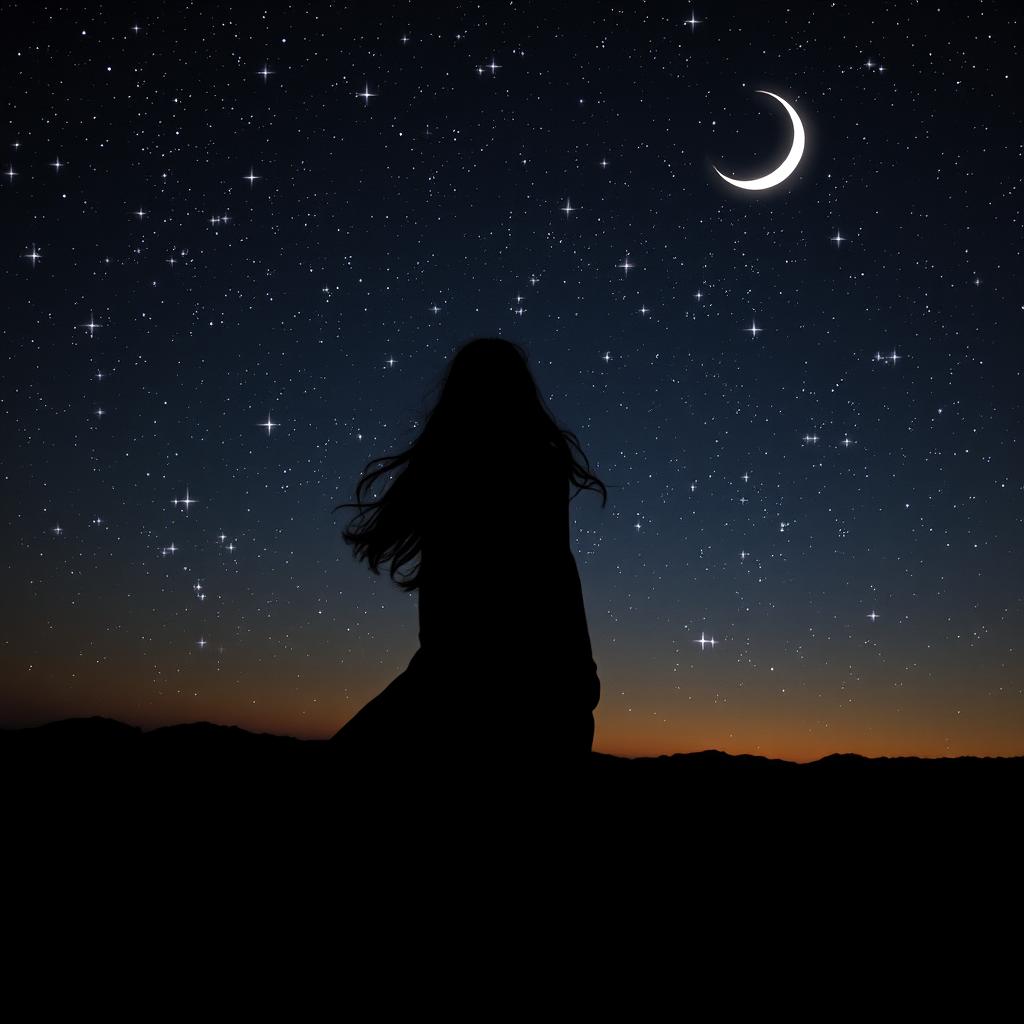 A silhouette of a woman standing on a hilltop at night, gazing up at a starry sky filled with twinkling stars and a bright crescent moon