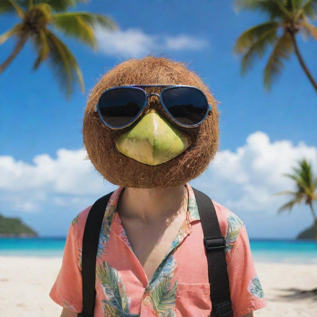 A Personified cool coconut, wearing edgy, stylish goggles, a tropical outfit against a picturesque beach backdrop.