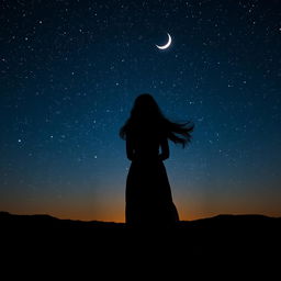 A silhouette of a woman standing on a hilltop at night, gazing up at a starry sky filled with twinkling stars and a bright crescent moon