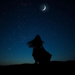 A silhouette of a woman standing on a hilltop at night, gazing up at a starry sky filled with twinkling stars and a bright crescent moon