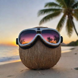 A simple coconut with an added twist, it's wearing thug-styled goggles, leaning against palm tree with a beach sunset in the background.