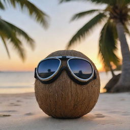 A simple coconut with an added twist, it's wearing thug-styled goggles, leaning against palm tree with a beach sunset in the background.