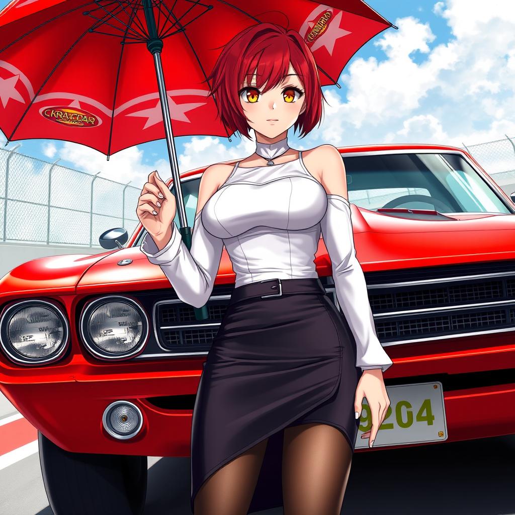 A striking anime-styled illustration featuring a powerful red classic muscle car representing the Krasnodar Racing Team, detailed and vibrant