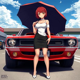 A striking anime-styled illustration featuring a powerful red classic muscle car representing the Krasnodar Racing Team, detailed and vibrant