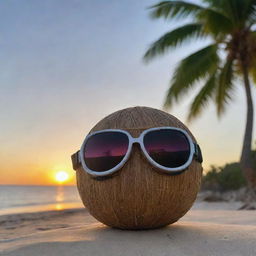 A simple coconut with an added twist, it's wearing thug-styled goggles, leaning against palm tree with a beach sunset in the background.