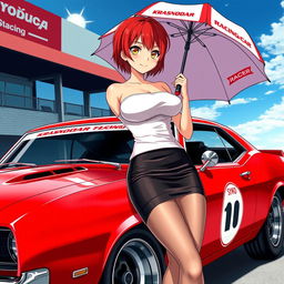 A striking anime-styled illustration featuring a powerful red classic muscle car representing the Krasnodar Racing Team, detailed and vibrant