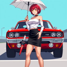 A striking anime-styled illustration featuring a powerful red classic muscle car representing the Krasnodar Racing Team, detailed and vibrant