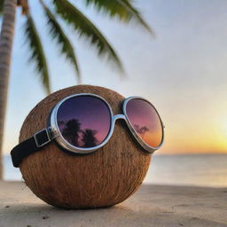 A simple coconut with an added twist, it's wearing thug-styled goggles, leaning against palm tree with a beach sunset in the background.