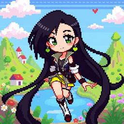 A vibrant pixel art scene featuring a female character with long, flowing black hair