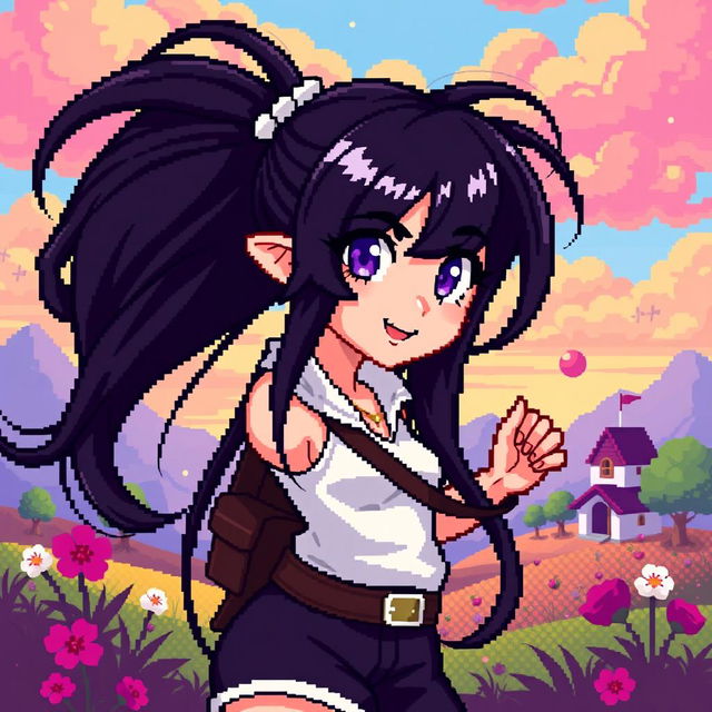 A vibrant pixel art scene featuring a female character with long, flowing black hair