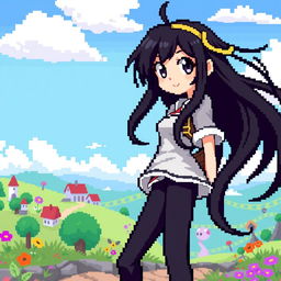 A vibrant pixel art scene featuring a female character with long, flowing black hair