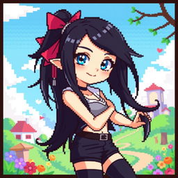 A vibrant pixel art scene featuring a female character with long, flowing black hair