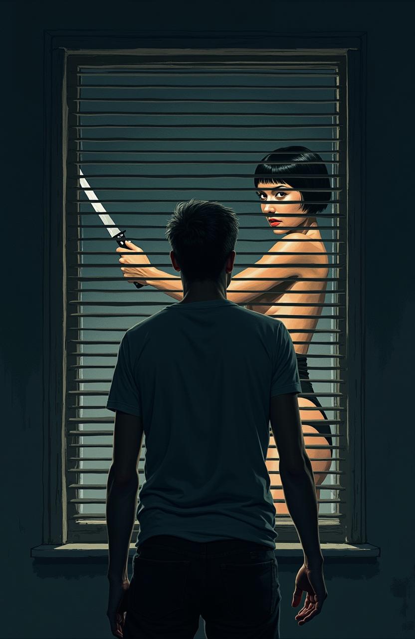 A film poster illustrating a man in his forties with his back turned, standing at night in front of a slatted shutter
